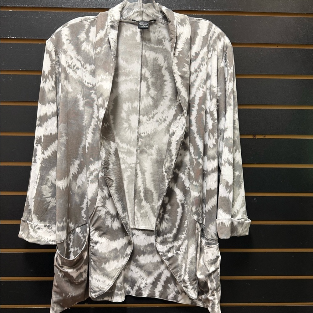 Robert Louis Tie Dye Open Front Blazer Jacket Gray White Stretch Size L
